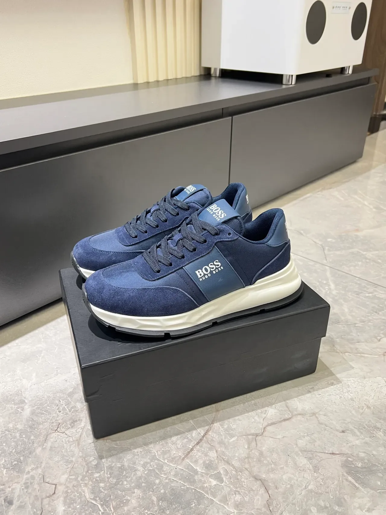 Hugo Boss Navy White Textile-Suede Upper Sculpted Midsole Sneakers 4