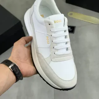 Hugo Boss White Beige Mixed-Material Upper Minimalist Branding Sneakers