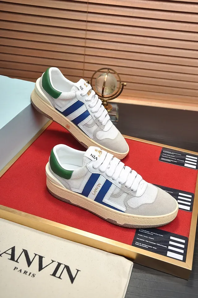 Lanvin Blanco Azul Malla Y Ante En Capas Rayas Laterales Contrastantes Zapatillas Lifestyle 5