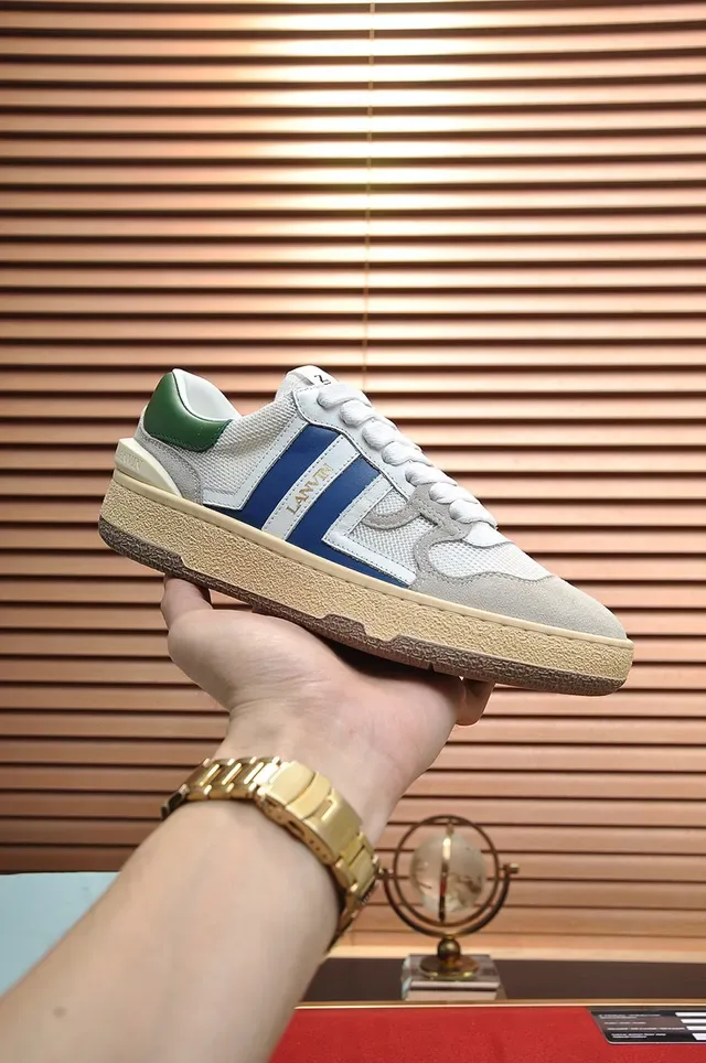 Lanvin Blanco Azul Malla Y Ante En Capas Rayas Laterales Contrastantes Zapatillas Lifestyle 7
