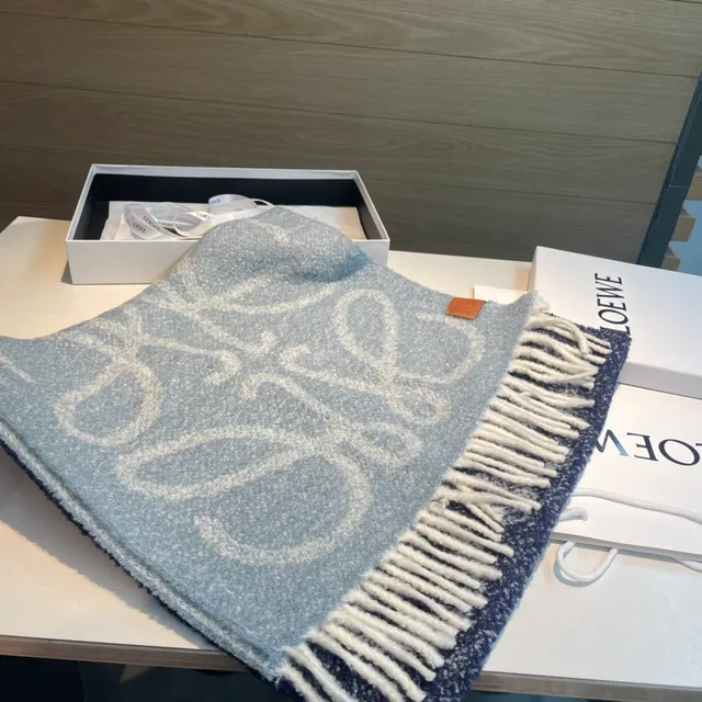 Loewe Anagram Patch وشاح الكشمير أزرق رمادي مختلط 7