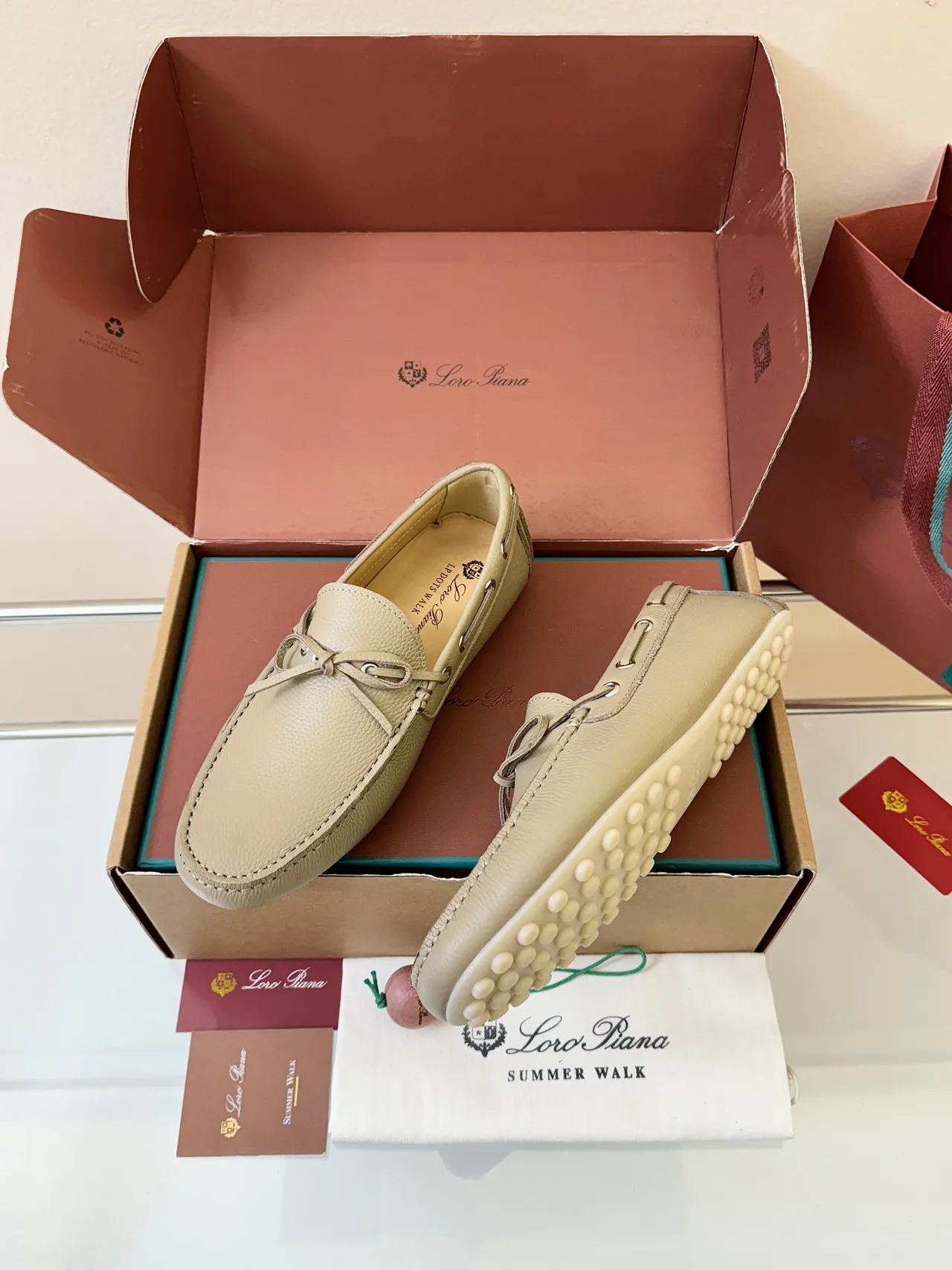 Loro Piana بيج جلد مقشف حبل مربوط أحذية قوارب 2