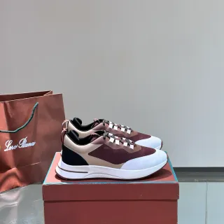 Loro Piana Burgundy Beige Layered Multi-Material Upper Sculpted White Midsole Sneakers