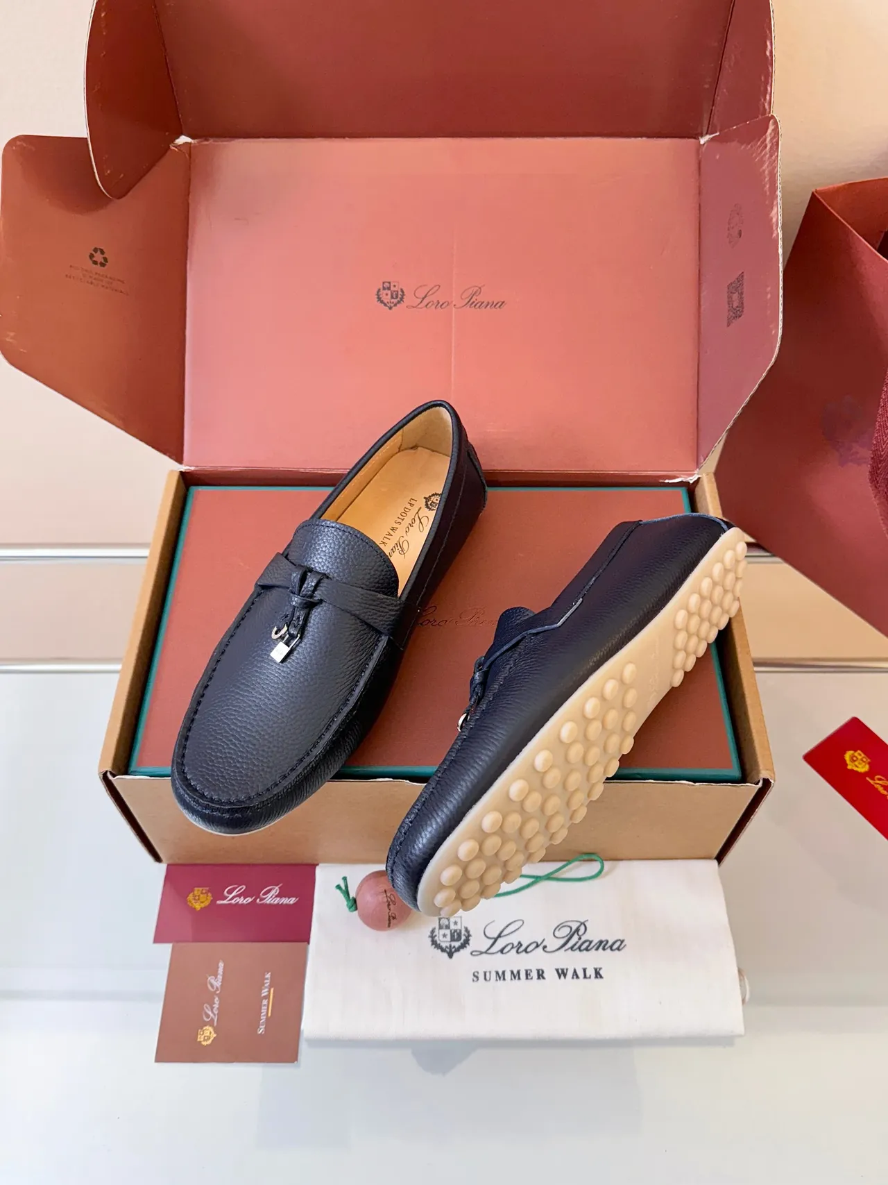 Loro Piana Mocassin Noir Blanc Cuir Pebbled Bride Nouée 2