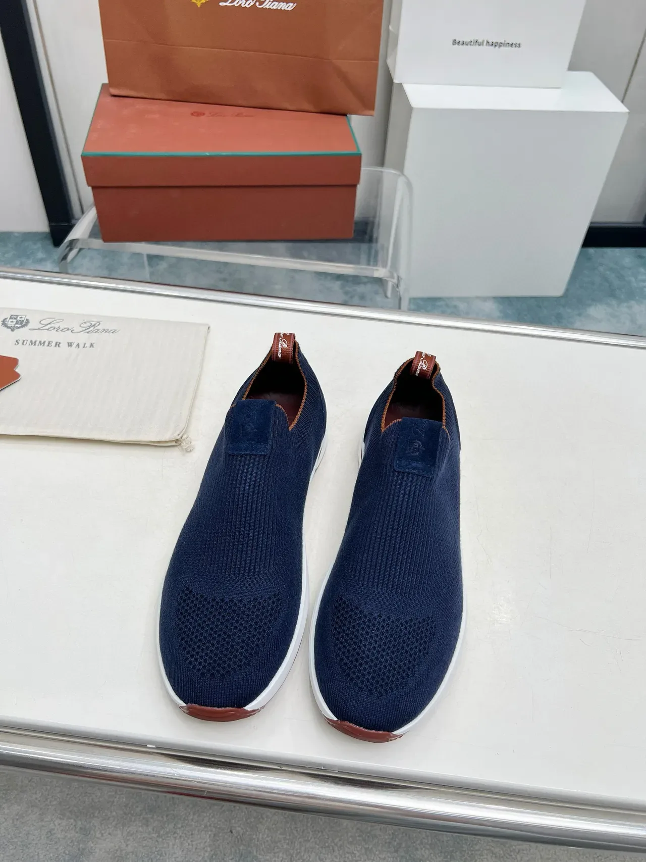 Loro Piana নৌবাহিনী বাদামি বোনা স্লিপ-অন ছিদ্রিত টো লাইফস্টাইল স্নিকার 5