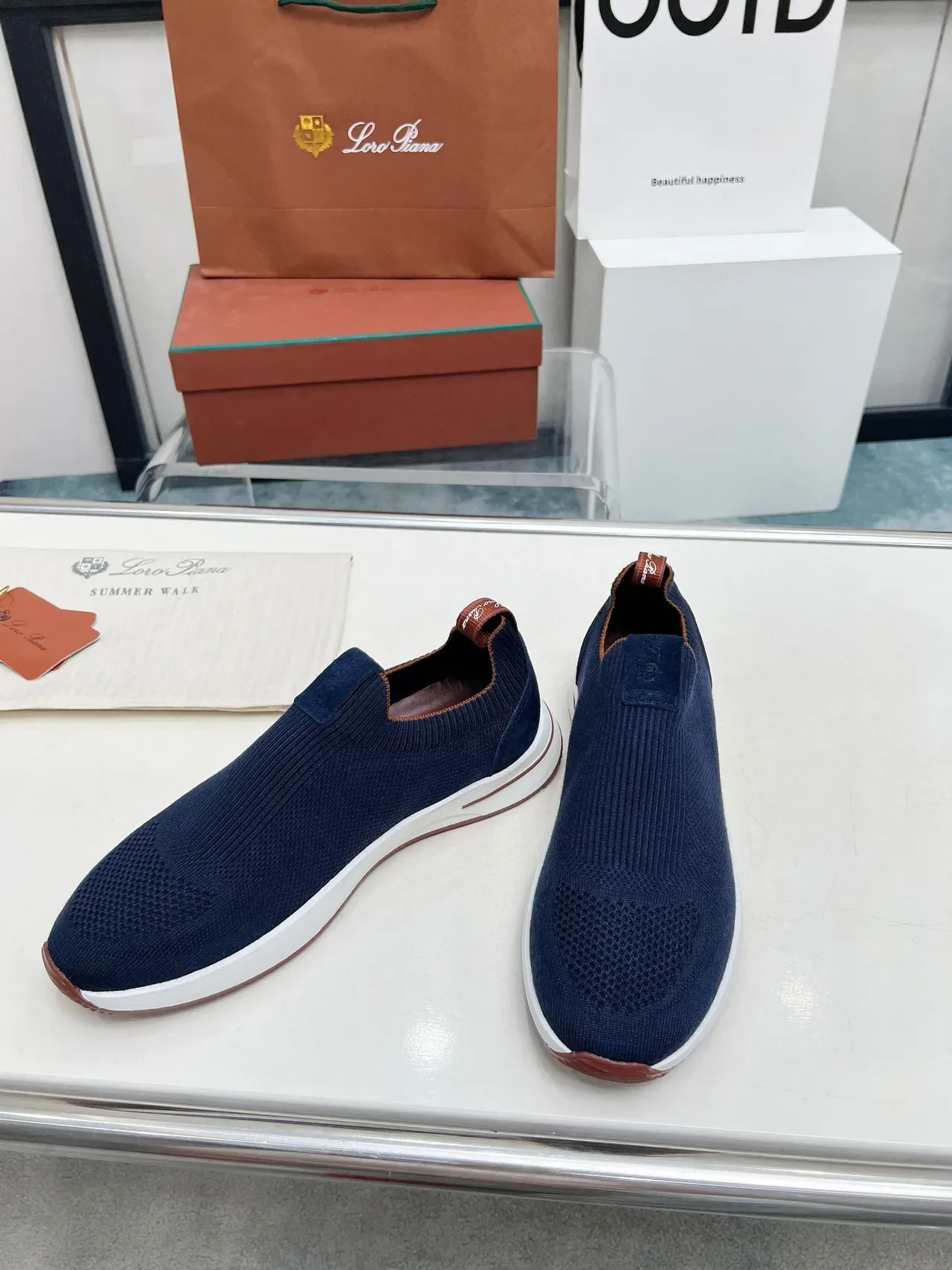 Loro Piana নৌবাহিনী বাদামি বোনা স্লিপ-অন ছিদ্রিত টো লাইফস্টাইল স্নিকার 6