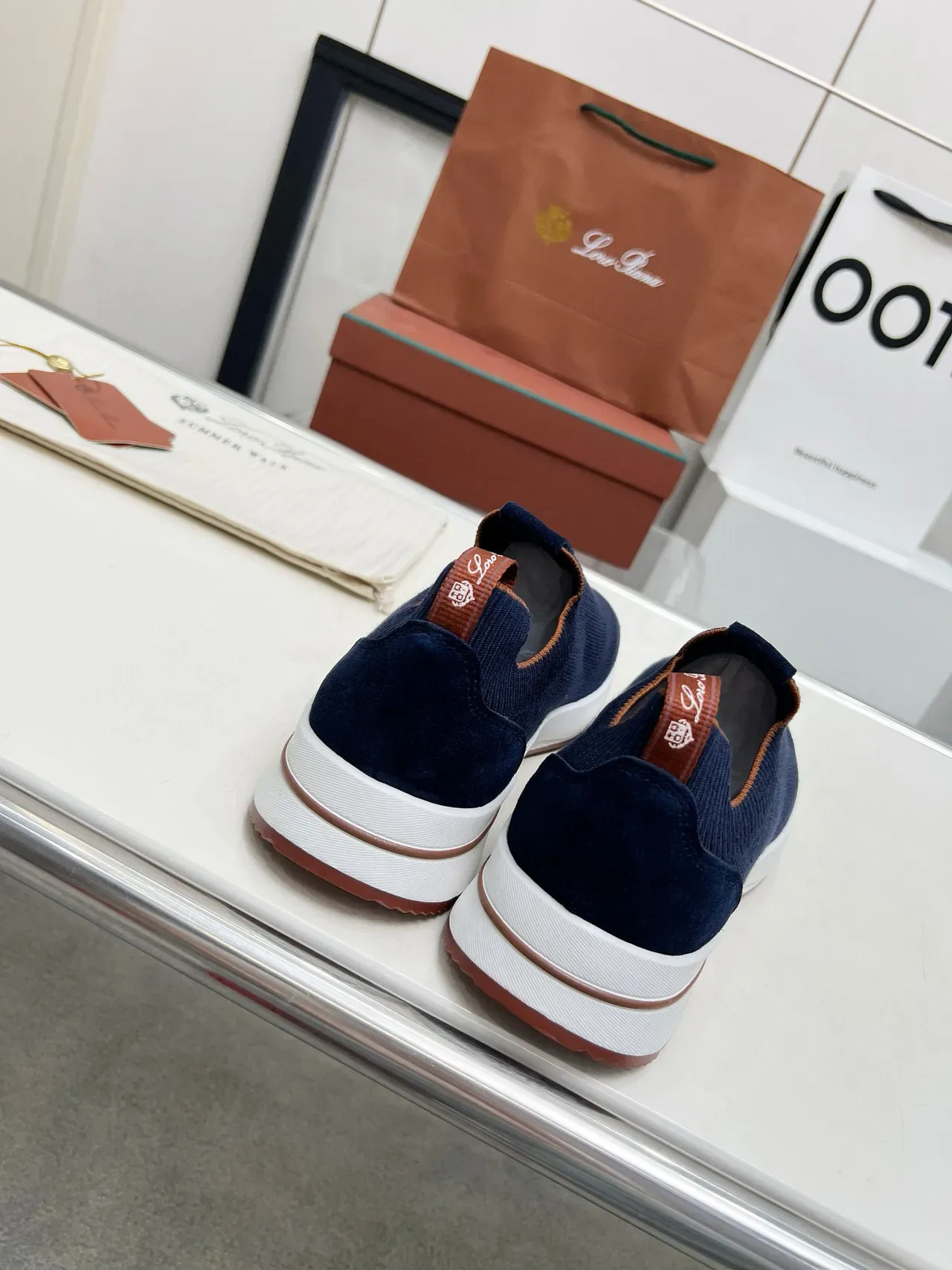Loro Piana নৌবাহিনী বাদামি বোনা স্লিপ-অন ছিদ্রিত টো লাইফস্টাইল স্নিকার 7