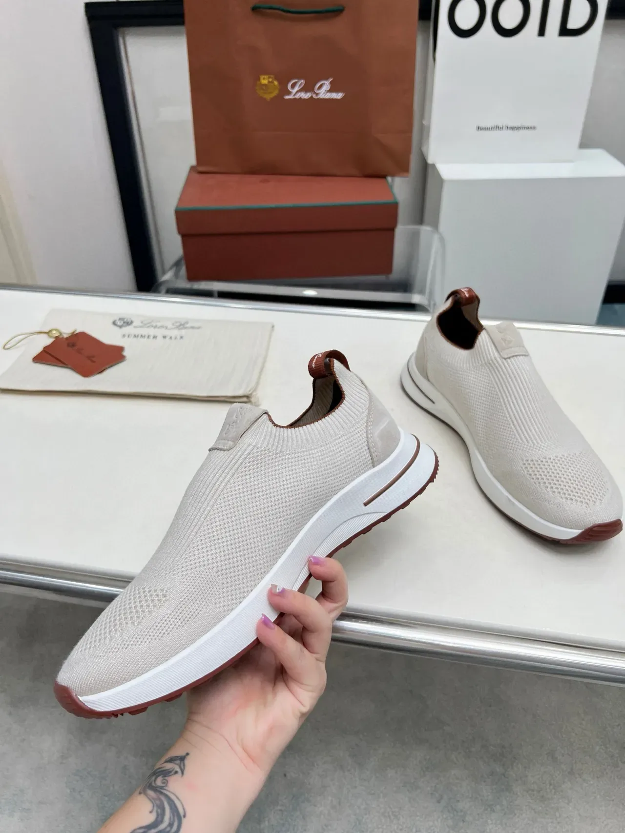 Loro Piana Summer Walk অফ-হোয়াইট নিট স্লিপ-অন লাইফস্টাইল স্নিকার 3