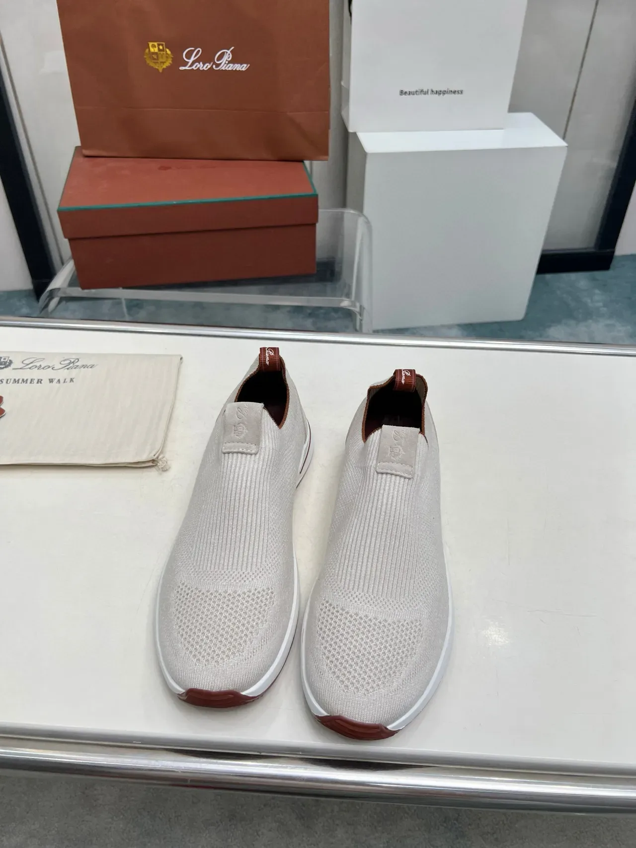 Loro Piana Summer Walk অফ-হোয়াইট নিট স্লিপ-অন লাইফস্টাইল স্নিকার 4