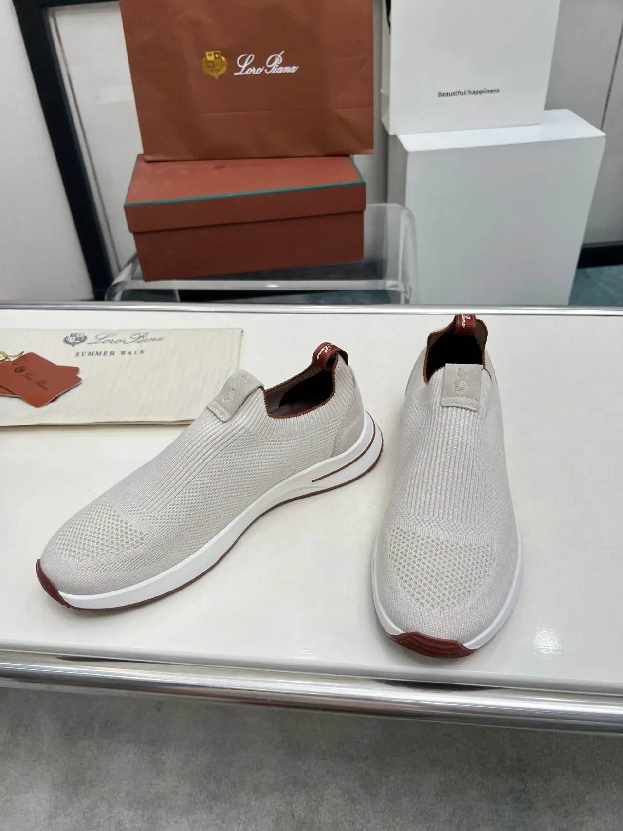 Loro Piana Summer Walk অফ-হোয়াইট নিট স্লিপ-অন লাইফস্টাইল স্নিকার 7