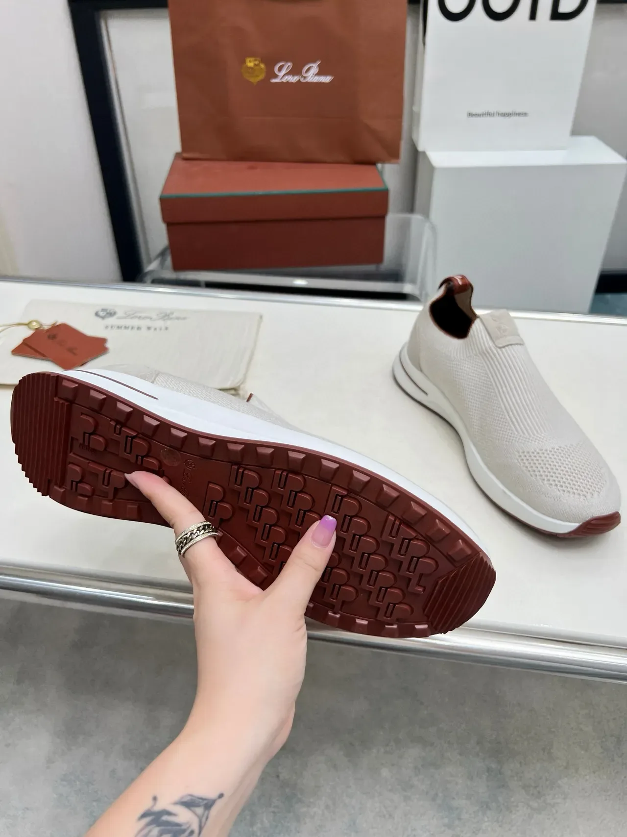 Loro Piana Summer Walk অফ-হোয়াইট নিট স্লিপ-অন লাইফস্টাইল স্নিকার 8