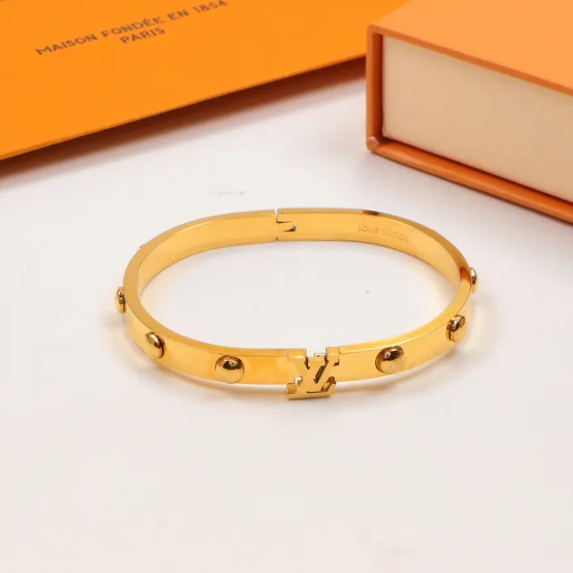 Louis Vuitton Bangles Silver Gold Hinged Bangle Monogram Clasp Bracelet 6