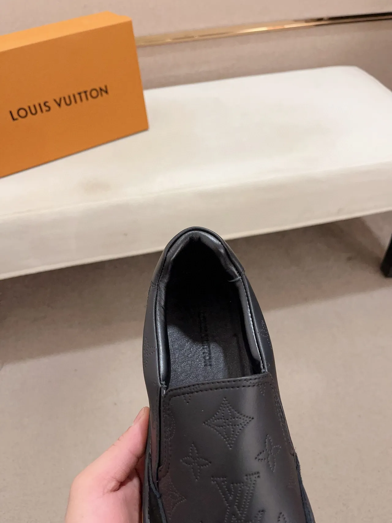 Louis Vuitton Black Beige Monogram-Embossed Leather Suede Toe Cap Loafer 6
