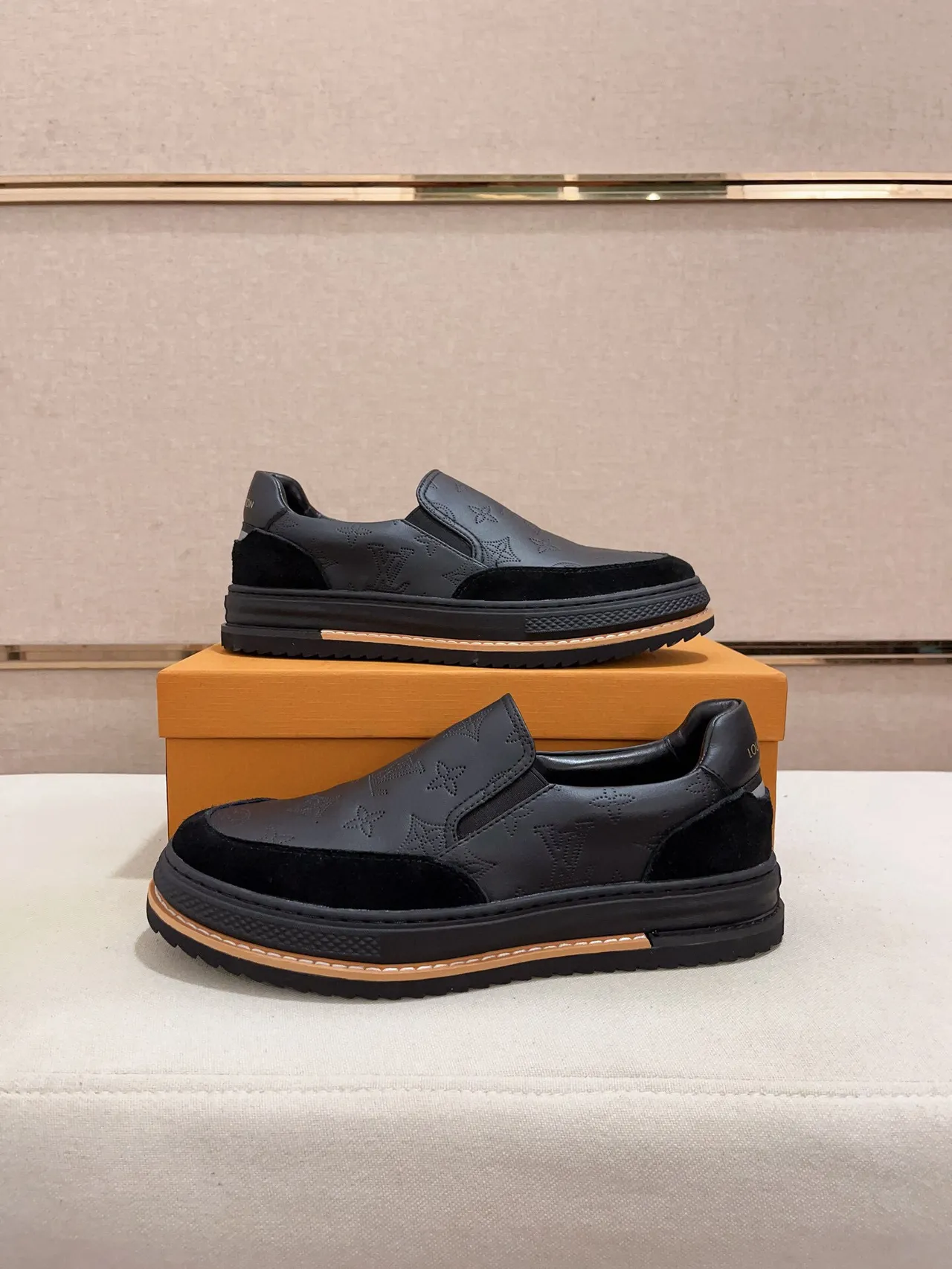 Louis Vuitton Black Beige Monogram-Embossed Leather Suede Toe Cap Loafer 7