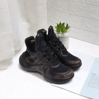 Louis Vuitton কালো বাদামী স্কাল্পটেড সোল মোনোগ্রাম লেদার ওভারলে চাঙ্কি স্নিকার্স