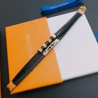 Louis Vuitton سوار جلد مضفر أسود ذهبي تركيبات