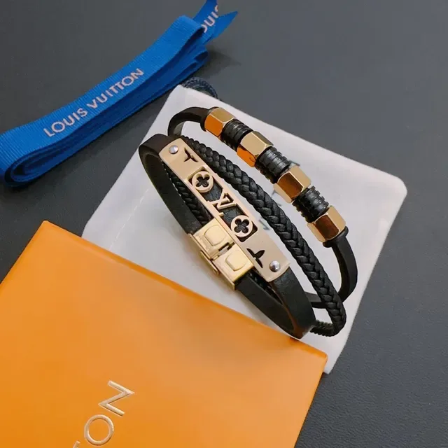 Louis Vuitton Black Gold Braided Leather Hardware Bracelet 8