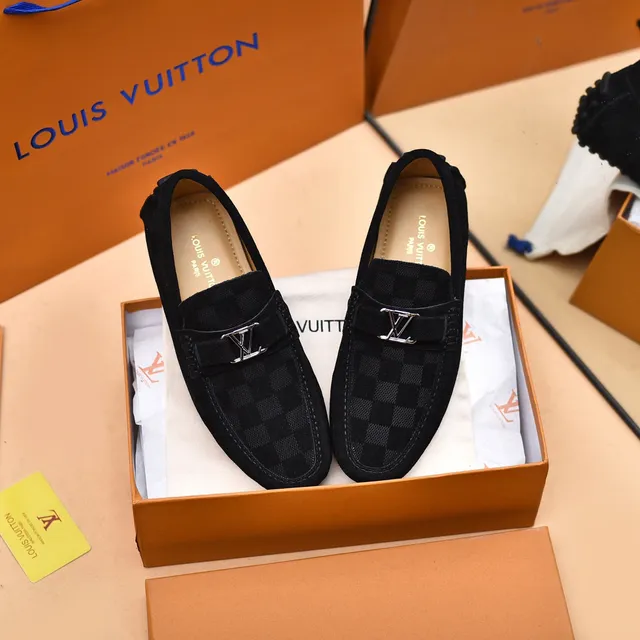Louis Vuitton أسود رمادي شبكي Damier-Patterned الجزء العلوي نسيج مشابه للسويدي Loafer 2