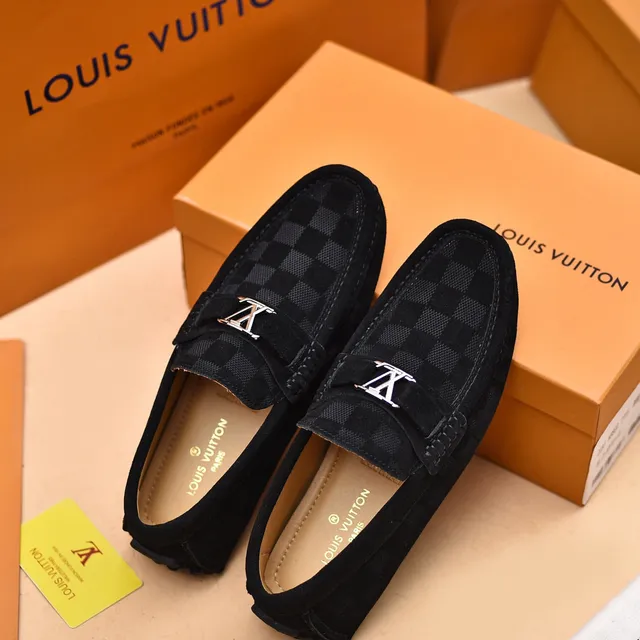 Louis Vuitton أسود رمادي شبكي Damier-Patterned الجزء العلوي نسيج مشابه للسويدي Loafer 4