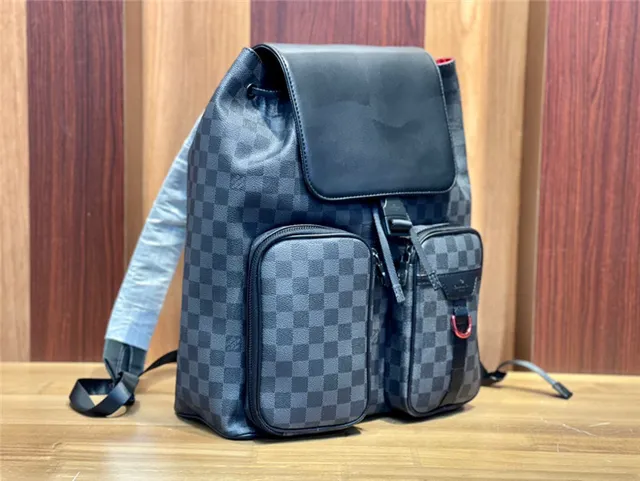 Louis Vuitton Preto Cinza Damier Graphite Lona Solapa de Couro Mochila Casual 9