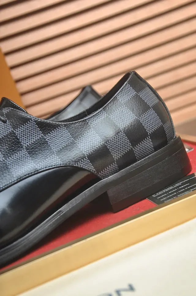 Louis Vuitton أحذية أكسفورد جلد أسود رمادي مصقول Damier Check قماش ألواح 2