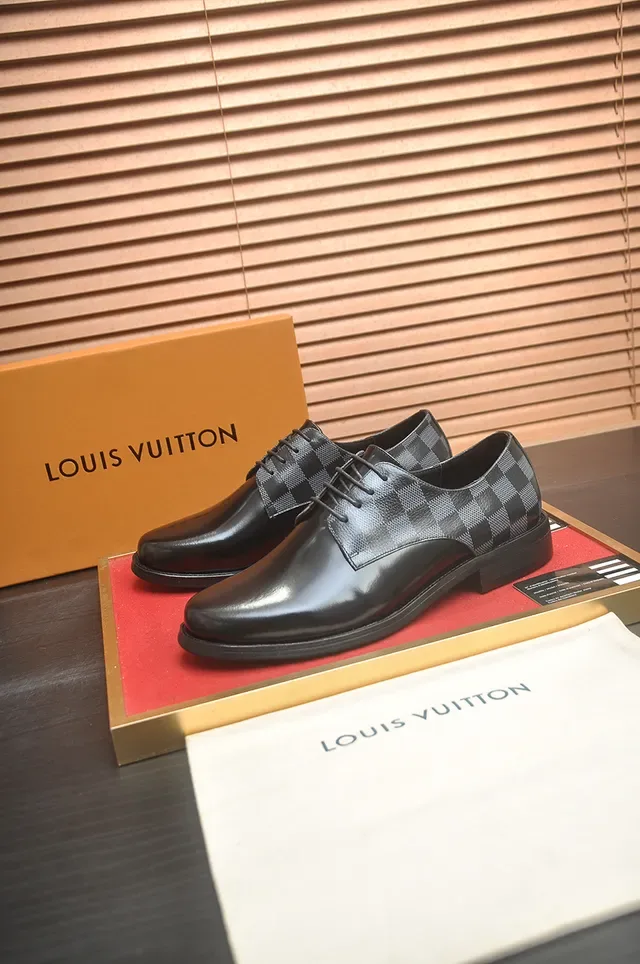 Louis Vuitton أحذية أكسفورد جلد أسود رمادي مصقول Damier Check قماش ألواح 4