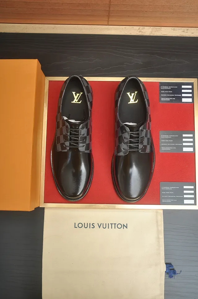 Louis Vuitton أحذية أكسفورد جلد أسود رمادي مصقول Damier Check قماش ألواح 5