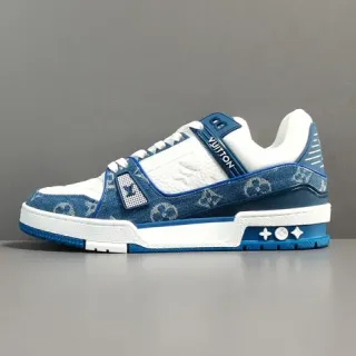 Louis Vuitton Monogram Azul Branco Denim Superior Coberturas de Cuero Sneakers Lifestyle