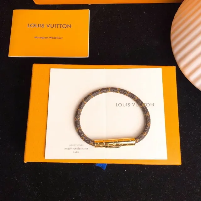 Louis Vuitton سوار Monogram بني ذهب قماش قفل أسطواني سوار 2