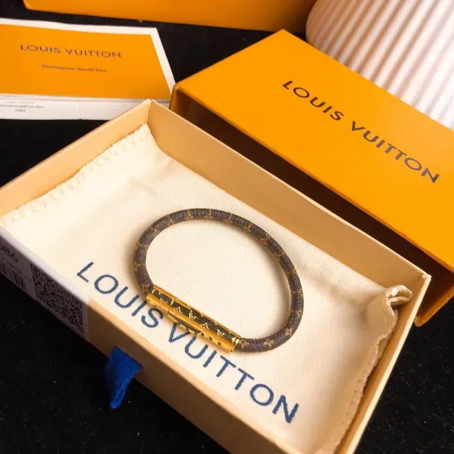 Louis Vuitton سوار Monogram بني ذهب قماش قفل أسطواني سوار 3