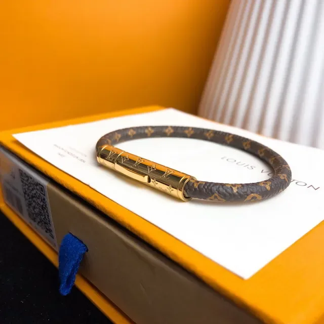 Louis Vuitton سوار Monogram بني ذهب قماش قفل أسطواني سوار 4