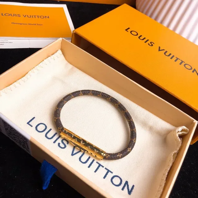 Louis Vuitton سوار Monogram بني ذهب قماش قفل أسطواني سوار 5