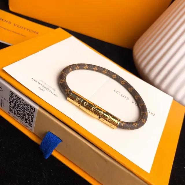 Louis Vuitton سوار Monogram بني ذهب قماش قفل أسطواني سوار 6