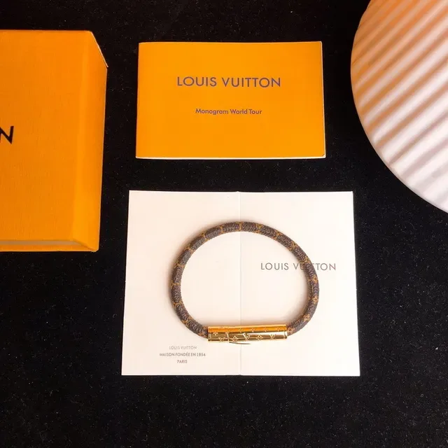 Louis Vuitton سوار Monogram بني ذهب قماش قفل أسطواني سوار 8