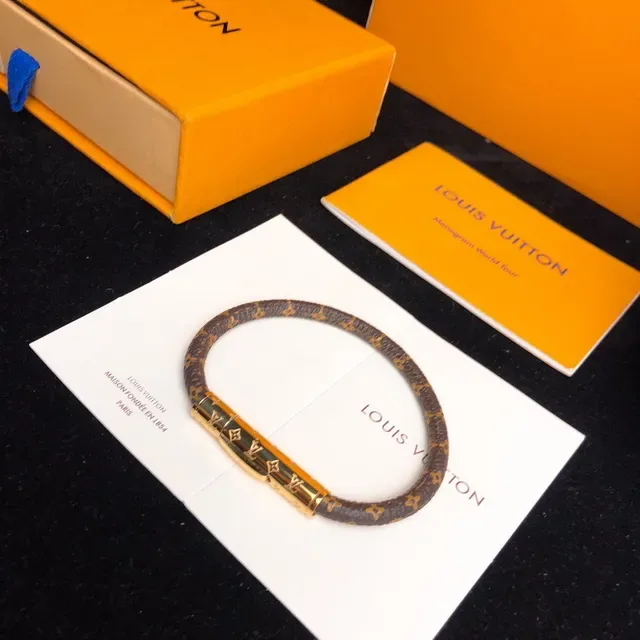 Louis Vuitton سوار Monogram بني ذهب قماش قفل أسطواني سوار 9
