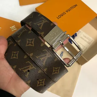 Louis Vuitton cinturão de couro marrom dourado monograma canvas reversível fivela prata