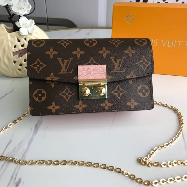 Louis Vuitton Brown Pink Monogram Canvas Leather Flap Chain Bag 2