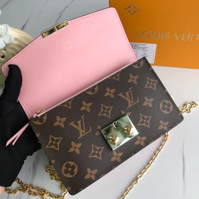 Louis Vuitton Brown Pink Monogram Canvas Leather Flap Chain Bag 4