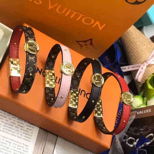 Louis Vuitton Burgundy Gold Dual-Tone Leather Monogram Canvas Interior Bracelet 2