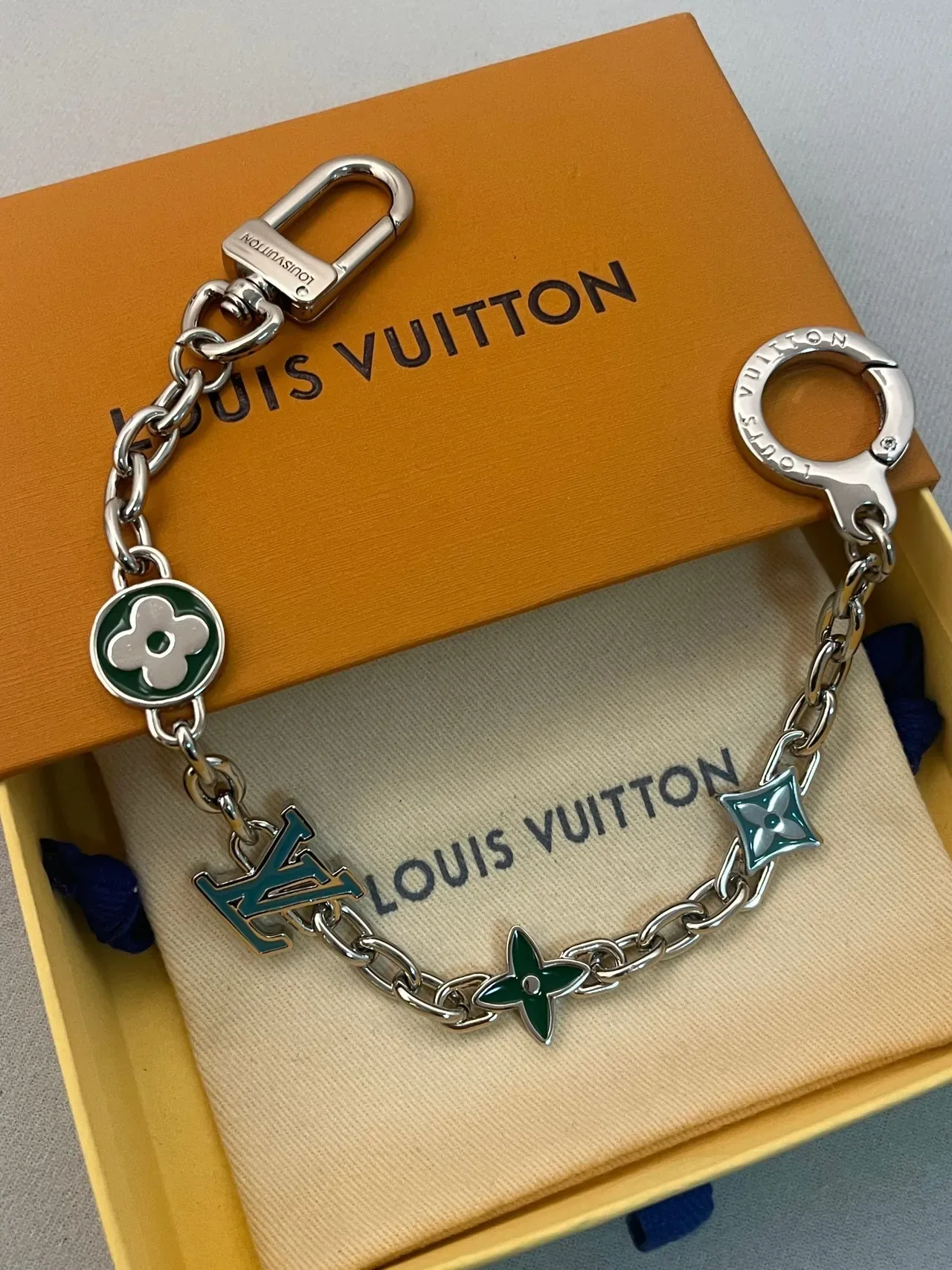 Louis Vuitton Charms Bracelet Silver Green Metal Chain Enamel Bracelet 4