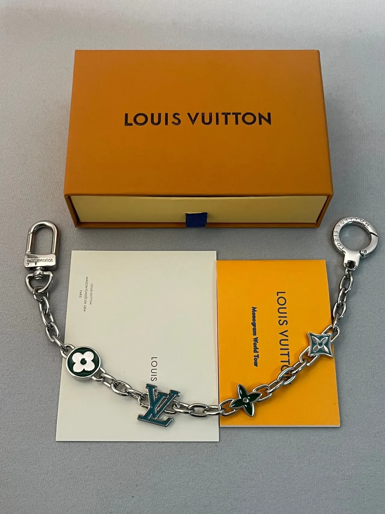 Louis Vuitton Charms Bracelet Silver Green Metal Chain Enamel Bracelet 6