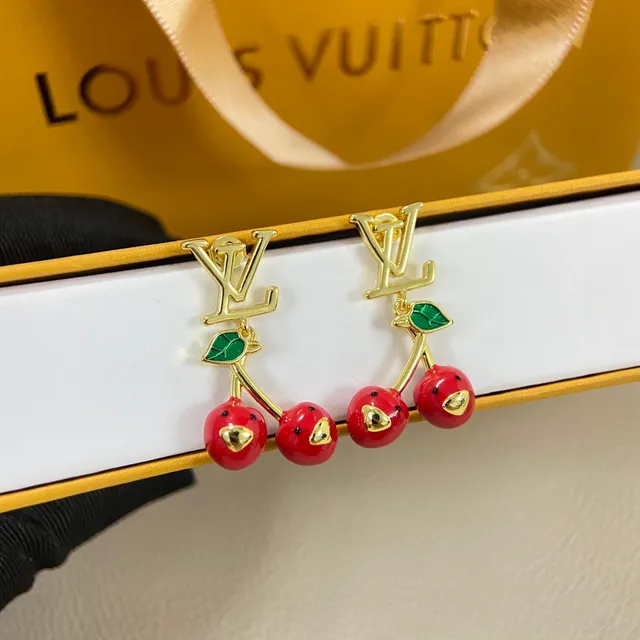 Louis Vuitton Cherry Red Gold LV Monogram Top Enamel Dangles Earrings 3
