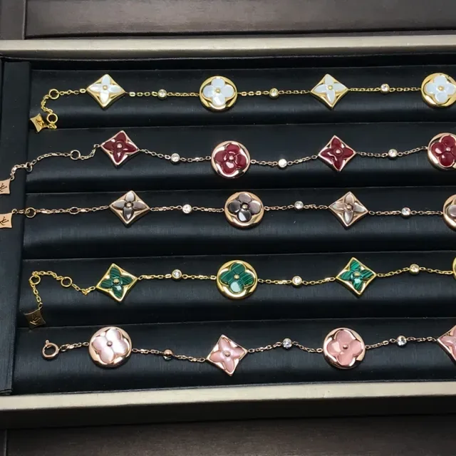 Louis Vuitton Flower Enamel Charm Gold-Tone Chain Bracelets 4