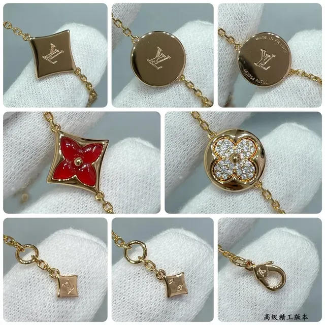 Louis Vuitton Pulsera Cadena Oro Rojo Esmaltada Colgantes Cuatrofoil Flor 4