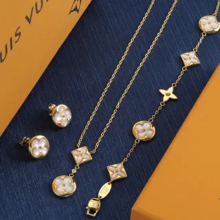 Louis Vuitton Colar Corrente Ouro Branco Madreperla Charms Florais