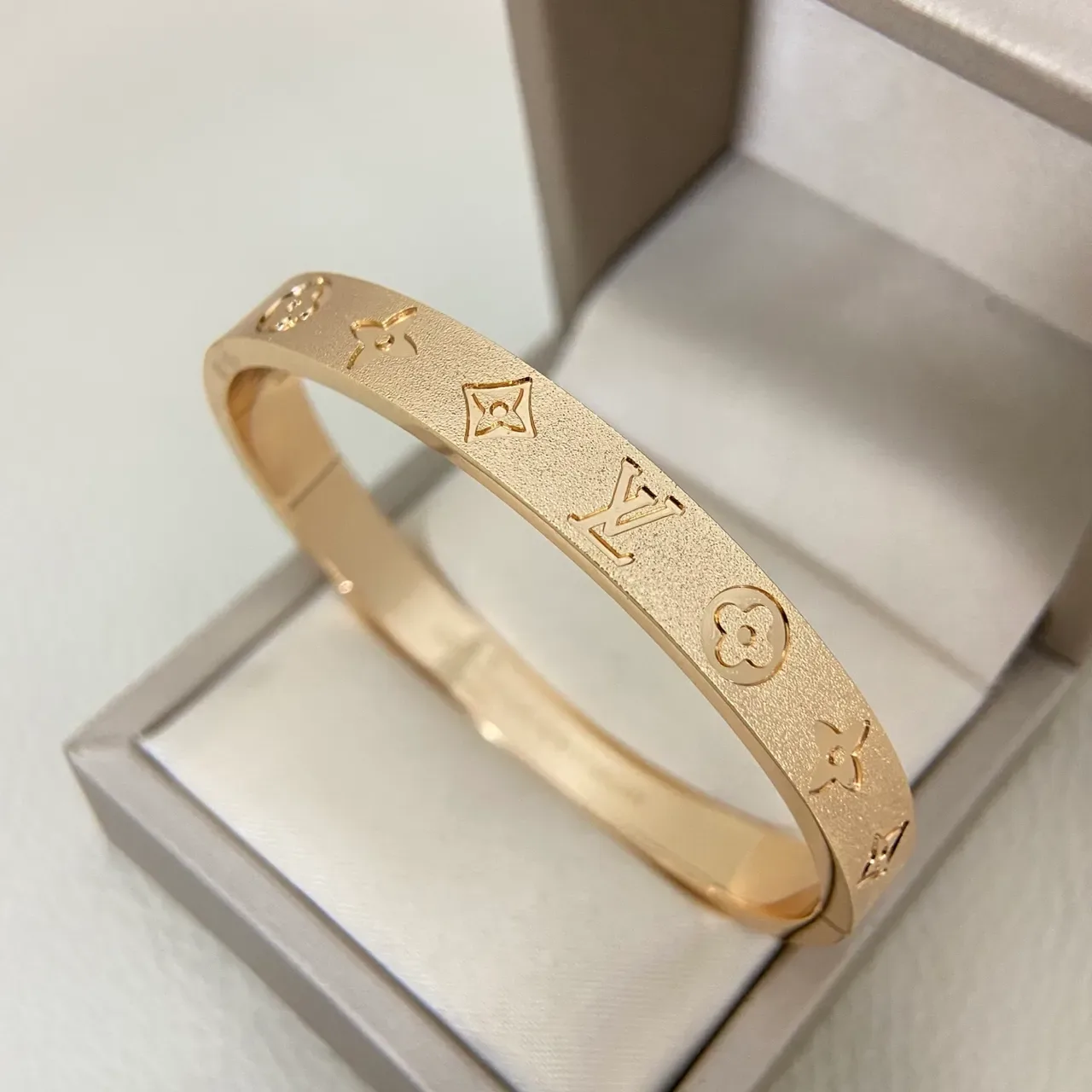 Louis Vuitton Gold Silver Embossed Monogram Rigid Bangle Bracelet 4