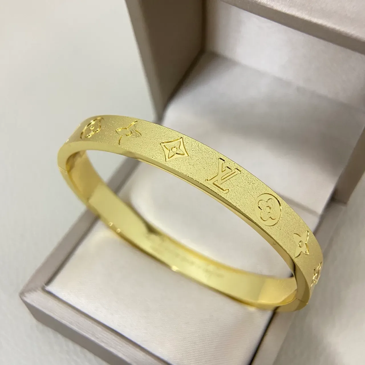 Louis Vuitton Gold Silver Embossed Monogram Rigid Bangle Bracelet 5