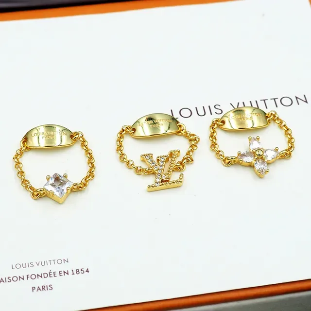 Louis Vuitton Gold-Tone Chain-Link Crystal Motif Rings 4