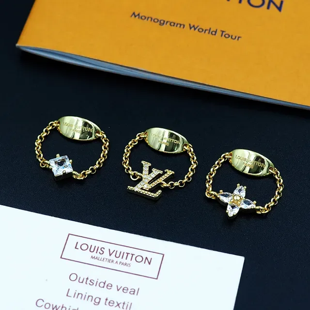 Louis Vuitton Gold-Tone Chain-Link Crystal Motif Rings 8