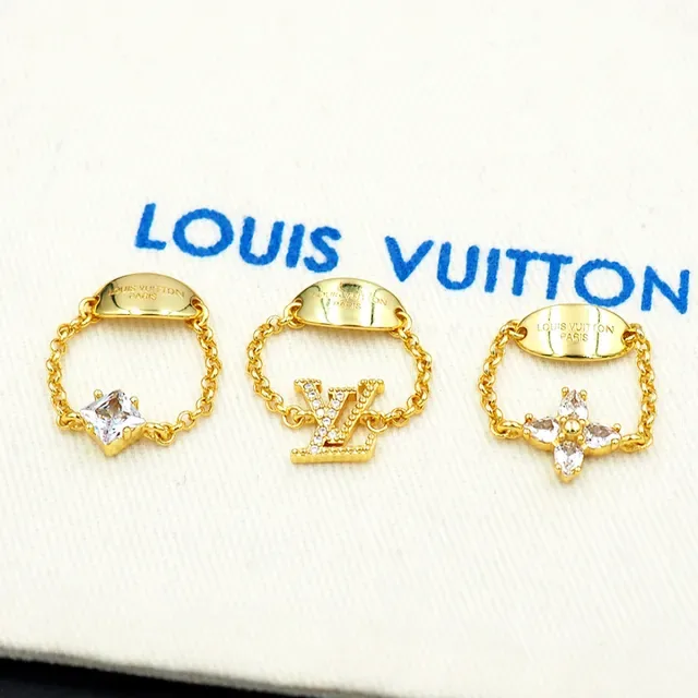 Louis Vuitton Gold-Tone Chain-Link Crystal Motif Rings 9